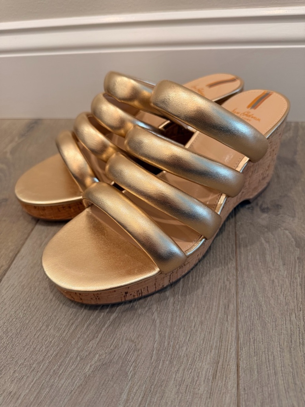 Sam Edelman Yuki Gold Metallic Cork Wedge Slide Sandals Strappy Platform 8.5 - Picture 4 of 11